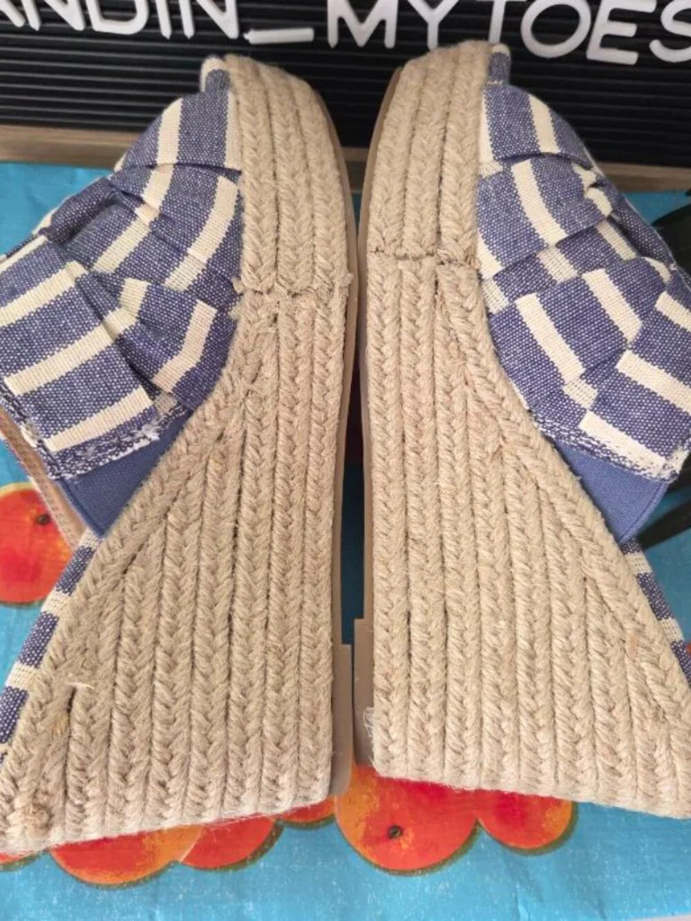 Sugar I Wedge Jute, Canvas Twist Blue and White/Cream Stripe Wedge Sandals 8.5